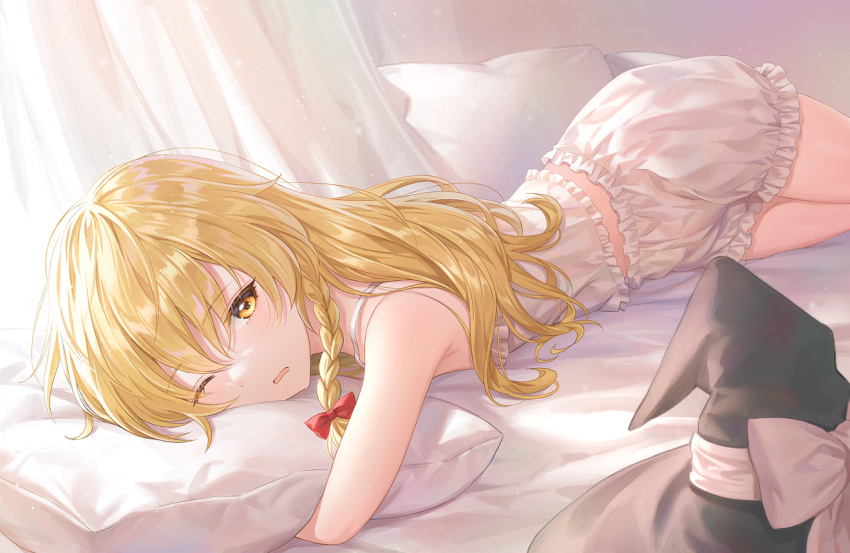 1girl bangs bed_sheet black_headwear blonde_hair bloomers blush bow braid brown_eyes camisole commentary_request curtains eyebrows_visible_through_hair frilled_camisole frills hair_between_eyes hair_bow hat hat_removed headwear_removed indoors kirisame_marisa lazuri7 long_hair looking_at_viewer parted_lips pillow pillow_hug red_bow single_braid solo touhou underwear underwear_only white_bloomers white_camisole witch_hat