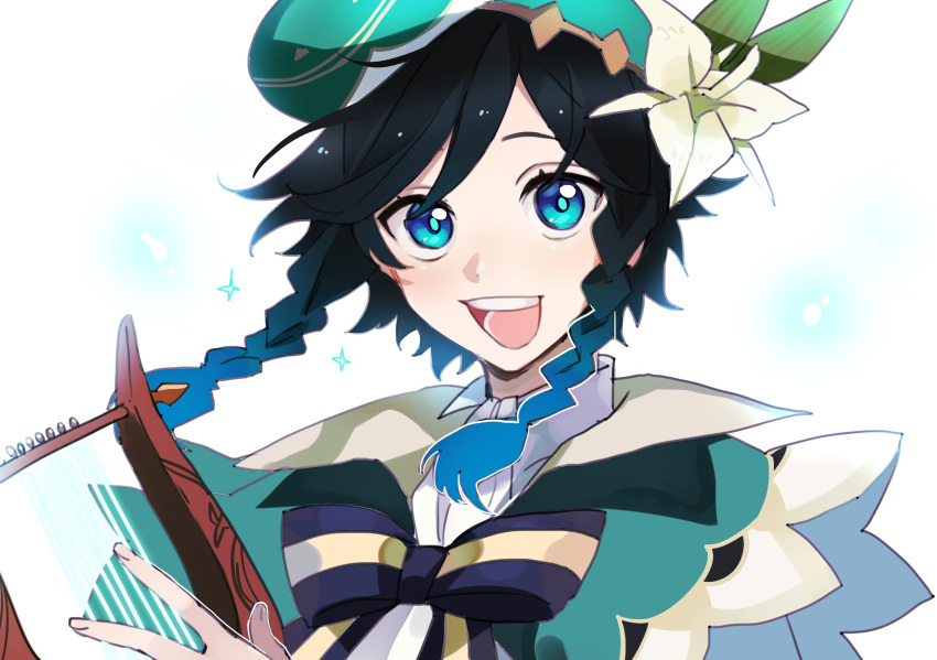 04koha 1boy androgynous bangs beret black_hair blue_eyes blue_hair bow braid cape collared_cape collared_shirt commentary_request flower genshin_impact gradient_hair green_headwear hat hat_flower highres holding holding_instrument instrument leaf looking_at_viewer lyre male_focus multicolored_hair open_mouth shirt short_hair_with_long_locks simple_background smile solo sparkle twin_braids venti_(genshin_impact) white_background white_flower white_shirt