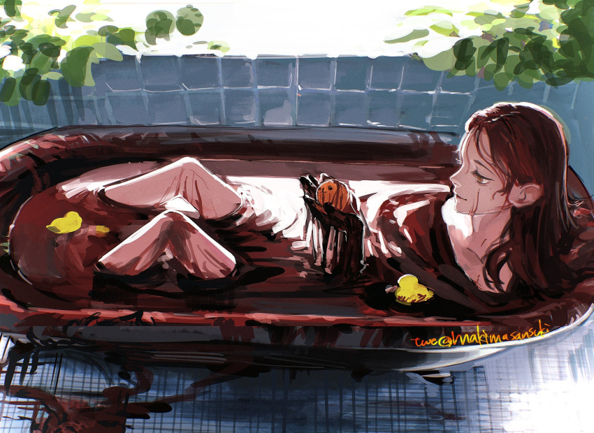 1girl alternate_hairstyle bath bath_of_blood bathtub blood chainsaw_man closed_mouth commentary eyelashes from_above hair_down highres holding indoors light_smile lips long_hair makima_(chainsaw_man) makimasansuki orange_eyes partially_submerged plant pochita_(chainsaw_man) profile redhead ringed_eyes ripples rubber_duck smile solo sunlight symbol_commentary twitter_username