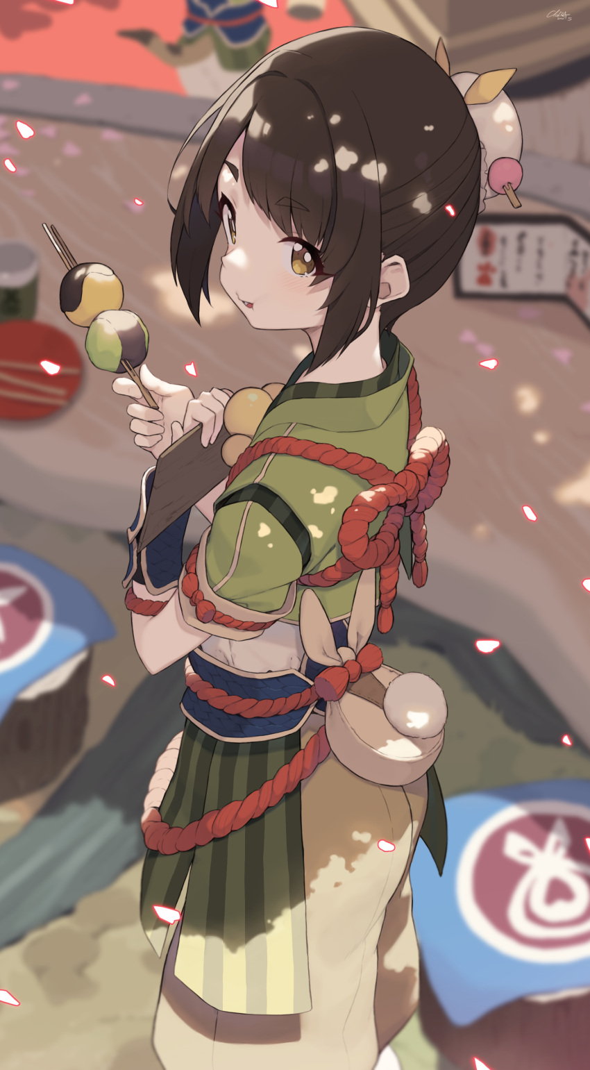 1girl absurdres brown_eyes brown_hair cloba dango eating eyebrows_visible_through_hair food from_above hair_ornament hair_stick highres holding holding_food japanese_clothes kimono looking_at_viewer monster_hunter_(series) monster_hunter_rise petals short_hair solo symbol_commentary wagashi