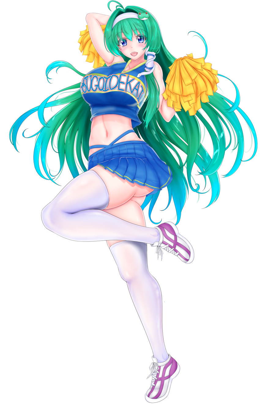 1girl absurdres arm_up armpits ass blue_eyes blue_skirt breasts cheering cheerleader clothes_writing crop_top crop_top_overhang frog_hair_ornament ganbare_ganbare_(itou_life) green_hair hair_ornament hair_tubes highres holding holding_pom_poms kochiya_sanae kou_(inaba) large_breasts long_hair long_legs midriff miniskirt navel open_mouth pleated_skirt pom_poms purple_footwear shirt shoes skirt sleeveless sleeveless_shirt smile snake_hair_ornament sneakers solo standing standing_on_one_leg sugoi_dekai thick_thighs thighs touhou white_background white_footwear white_legwear