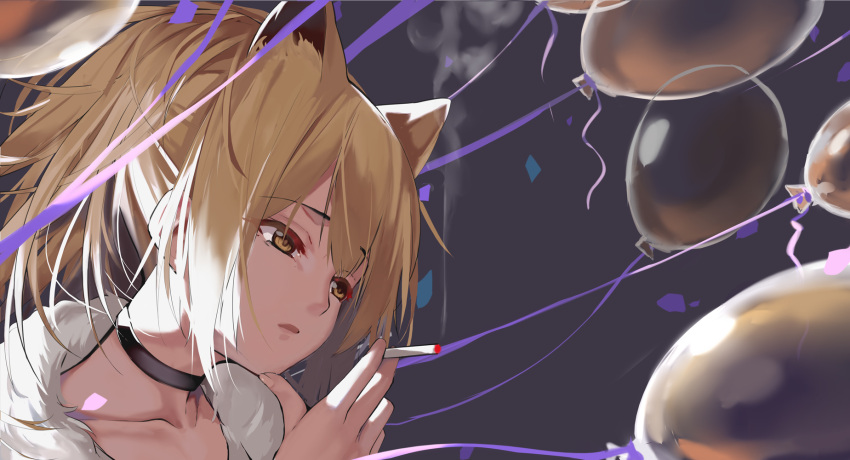 1girl animal_ears aoi_(buzhuen444) arknights balloon bangs blonde_hair choker cigarette collarbone extra_ears face fur_collar highres holding holding_cigarette lion_ears profile purple_background short_hair short_ponytail siege_(arknights) solo yellow_eyes