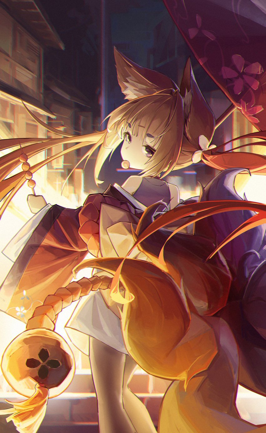 1girl amagi-chan_(azur_lane) animal_ears azur_lane bangs black_legwear blunt_bangs blurry brown_hair building commentary_request dango depth_of_field eyebrows_visible_through_hair food fox_ears fox_girl fox_tail from_behind hair_ribbon highres holding holding_food kyuubi light long_hair looking_at_viewer looking_back mouth_hold multiple_tails niaodao_zhenjun night night_sky off-shoulder_kimono off_shoulder oil-paper_umbrella pantyhose ribbon rope shimenawa sidelocks sky solo tail twintails umbrella violet_eyes wagashi wide_sleeves