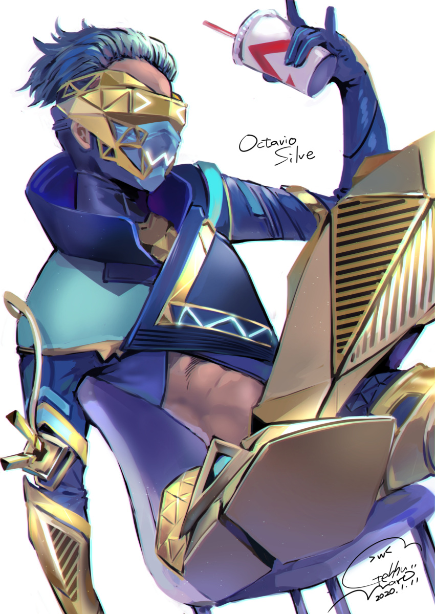 &gt;_&lt; 1boy \n/ abs apex_legends blue_hair blue_jacket boots cable cup dated disposable_cup drinking_straw fast_fashion_octane geshumaro gold_footwear hair_slicked_back highres holding holding_cup jacket male_focus mask mouth_mask octane_(apex_legends) official_alternate_costume science_fiction signature solo white_background