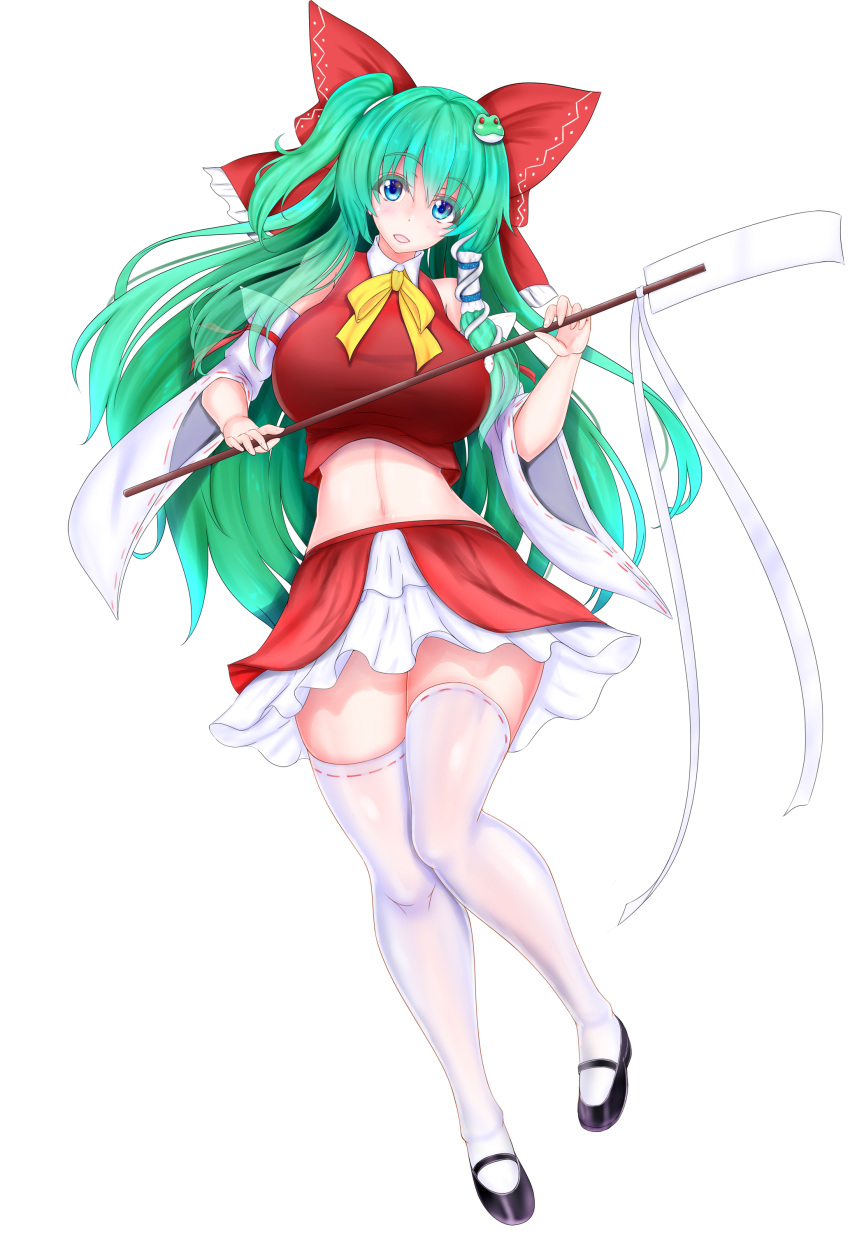 1girl absurdres ascot bow breasts cosplay costume_switch detached_sleeves frilled_bow frills frog_hair_ornament gohei green_eyes green_hair hair_bow hair_ornament hair_tubes hakurei_reimu hakurei_reimu_(cosplay) highres japanese_clothes kochiya_sanae kou_(inaba) large_breasts long_hair miko miniskirt navel nontraditional_miko red_bow ribbon-trimmed_sleeves ribbon_trim shirt sidelocks skirt skirt_set sleeveless sleeveless_shirt snake_hair_ornament thick_thighs thighs touhou white_legwear wide_sleeves yellow_neckwear