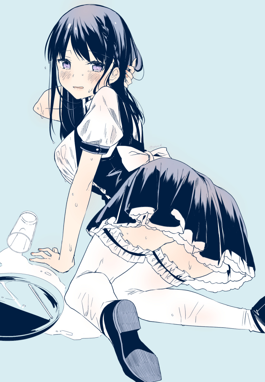 1girl arm_support black_footwear black_hair blue_background blush breasts embarrassed eyebrows_visible_through_hair fingernails glass highres kneeling looking_at_viewer maid medium_breasts open_mouth original puffy_short_sleeves puffy_sleeves shoes short_sleeves simple_background solo thigh-highs thighs twitter_username violet_eyes water wet wet_clothes white_legwear yu_yu