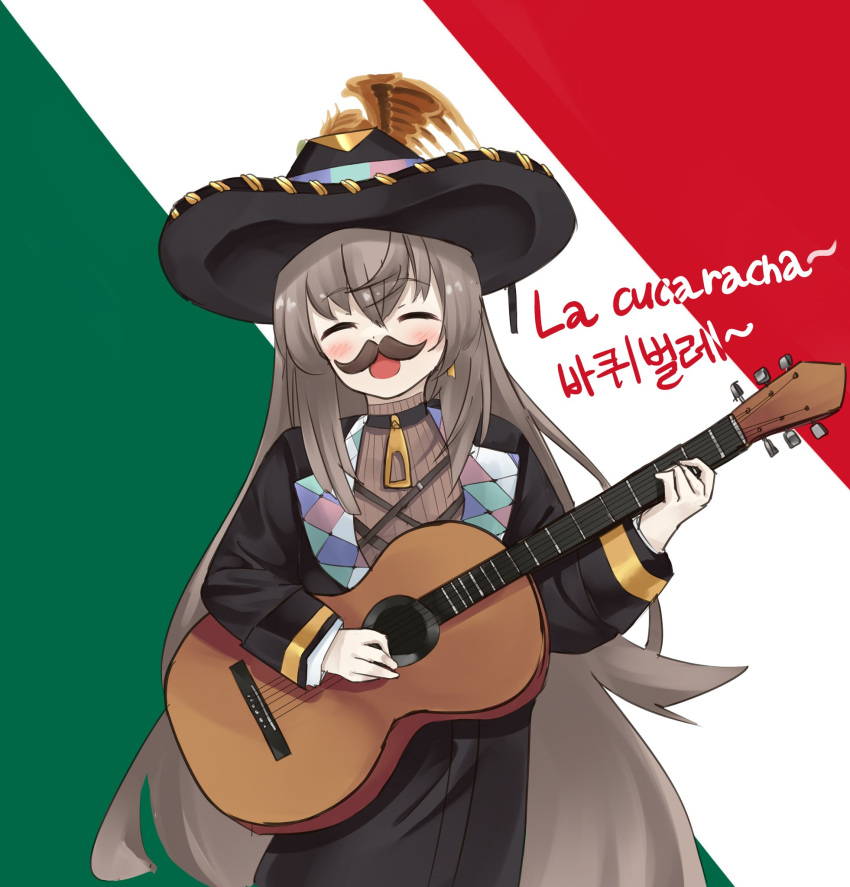 breasts closed_eyes fx-05_(girls_frontline) girls_frontline guitar hat highres instrument long_hair mexican mexican_dress mexico solo sombrero