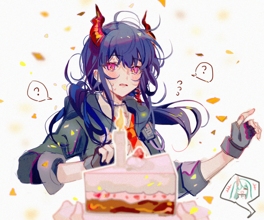 2girls ? arknights baiwei_lai birthday_cake black_gloves black_jacket blue_hair blurry blurry_foreground blush cake candle ch'en_(arknights) collared_shirt commentary confetti depth_of_field dragon_horns earpiece embarrassed english_commentary eyebrows_visible_through_hair fingerless_gloves food gloves highres horns hoshiguma_(arknights) jacket long_hair looking_at_viewer mixed-language_commentary multiple_girls necktie open_clothes open_jacket open_mouth orange_neckwear pov shirt simple_background solo_focus spoken_character spoken_question_mark surprised sweat sweatdrop sweating_profusely twintails upper_body violet_eyes white_background white_shirt wing_collar