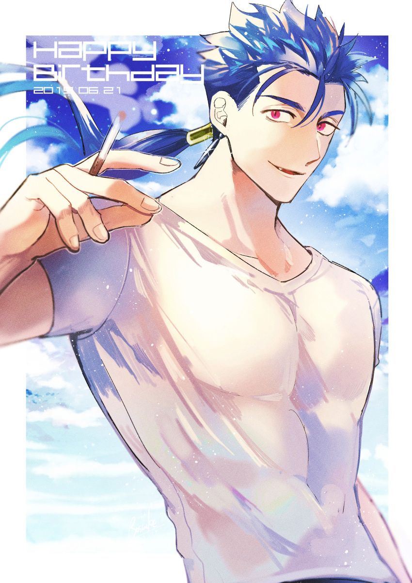 1boy absurdres blue_hair cigarette closed_mouth clouds cloudy_sky collarbone cu_chulainn_(fate)_(all) cu_chulainn_(fate/stay_night) dated earrings fate/stay_night fate_(series) floating_hair happy_birthday highres jewelry long_hair looking_at_viewer male_focus muscular muscular_male open_mouth pectorals ponytail red_eyes ryousuke_(tukr5384) shirt short_sleeves sky slit_pupils solo spiky_hair t-shirt