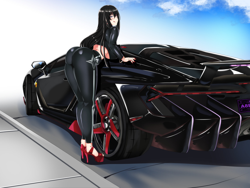 1girl :q ass back bangs black_hair blush bracelet breasts high_heels highres jewelry lamborghini long_hair looking_at_viewer midriff nightmare-doom original red_nails solo toeless_footwear tongue tongue_out violet_eyes