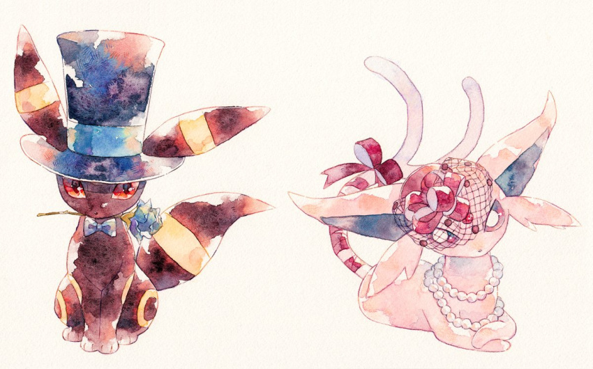 beads blue_flower espeon flower forked_tail gen_2_pokemon hat hatted_pokemon holding holding_flower looking_at_viewer mouth_hold no_humans oharu-chan paws pokemon pokemon_(creature) ribbon sitting tail toes umbreon white_background