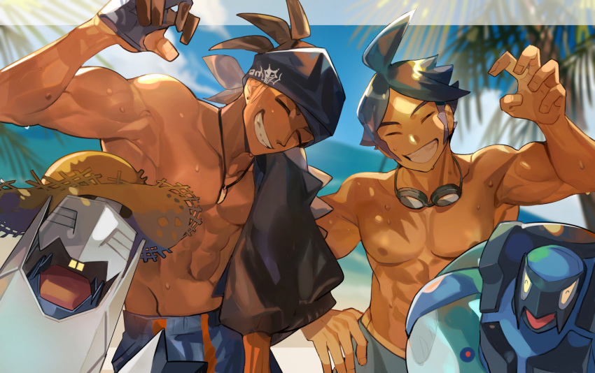 2boys abs ahoge black_headwear blue_hair carracosta clenched_teeth closed_eyes clouds commentary_request dark_skin dark_skinned_male day duraludon gen_5_pokemon gen_8_pokemon goggles goggles_around_neck grin gym_leader hand_on_hip hand_up highres jewelry male_focus marlon_(pokemon) multiple_boys navel necklace outdoors picube525528 pokemon pokemon_(creature) pokemon_(game) pokemon_bw2 pokemon_swsh raihan_(pokemon) shirtless short_hair shorts sky smile teeth