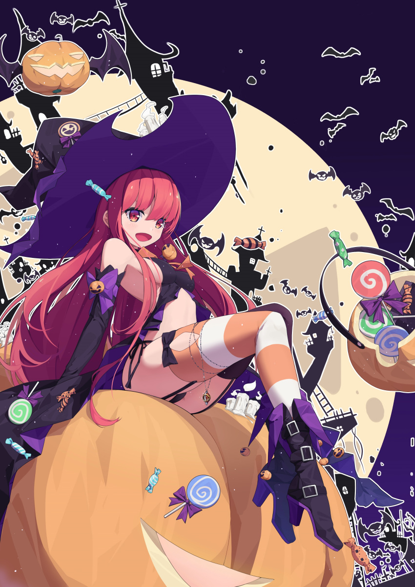 1girl :d absurdres aiee alternate_breast_size bare_shoulders black_footwear black_gloves boots breasts candy chinese_commentary elbow_gloves food from_side gloves halloween hat high_heel_boots high_heels highres legs medium_breasts moon night open_mouth orange_legwear pumpkin red_eyes redhead shakugan_no_shana shana smile solo striped striped_legwear thigh-highs witch_hat