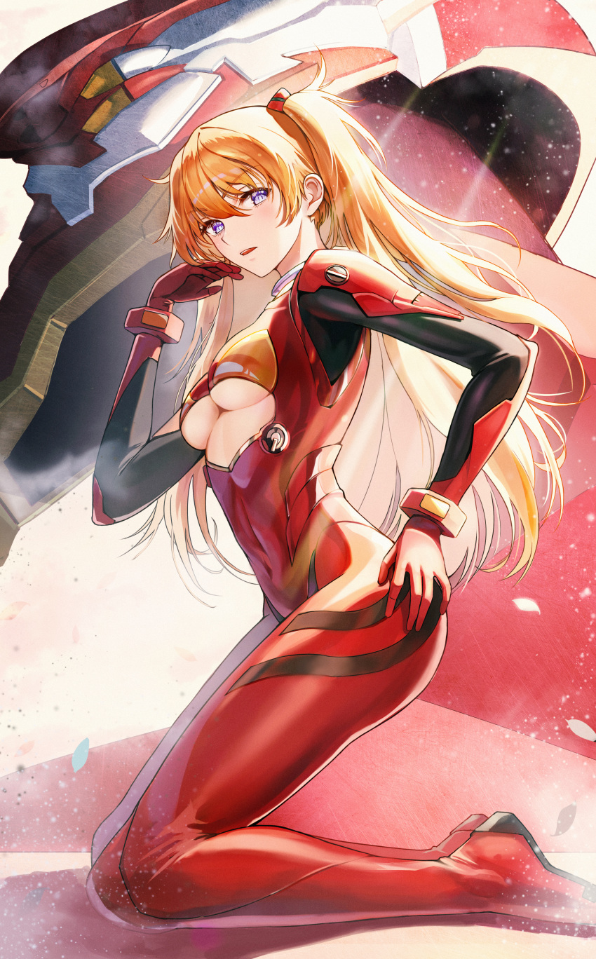 1girl absurdres bangs blue_eyes blush breasts covered_navel eva_02 eyebrows_visible_through_hair from_side full_body hand_on_own_ass hand_up highres huge_filesize kneeling long_hair looking_at_viewer lu_(ssuel) mecha neon_genesis_evangelion orange_hair parted_lips plugsuit shikinami_asuka_langley small_breasts souryuu_asuka_langley thighs twintails under_boob