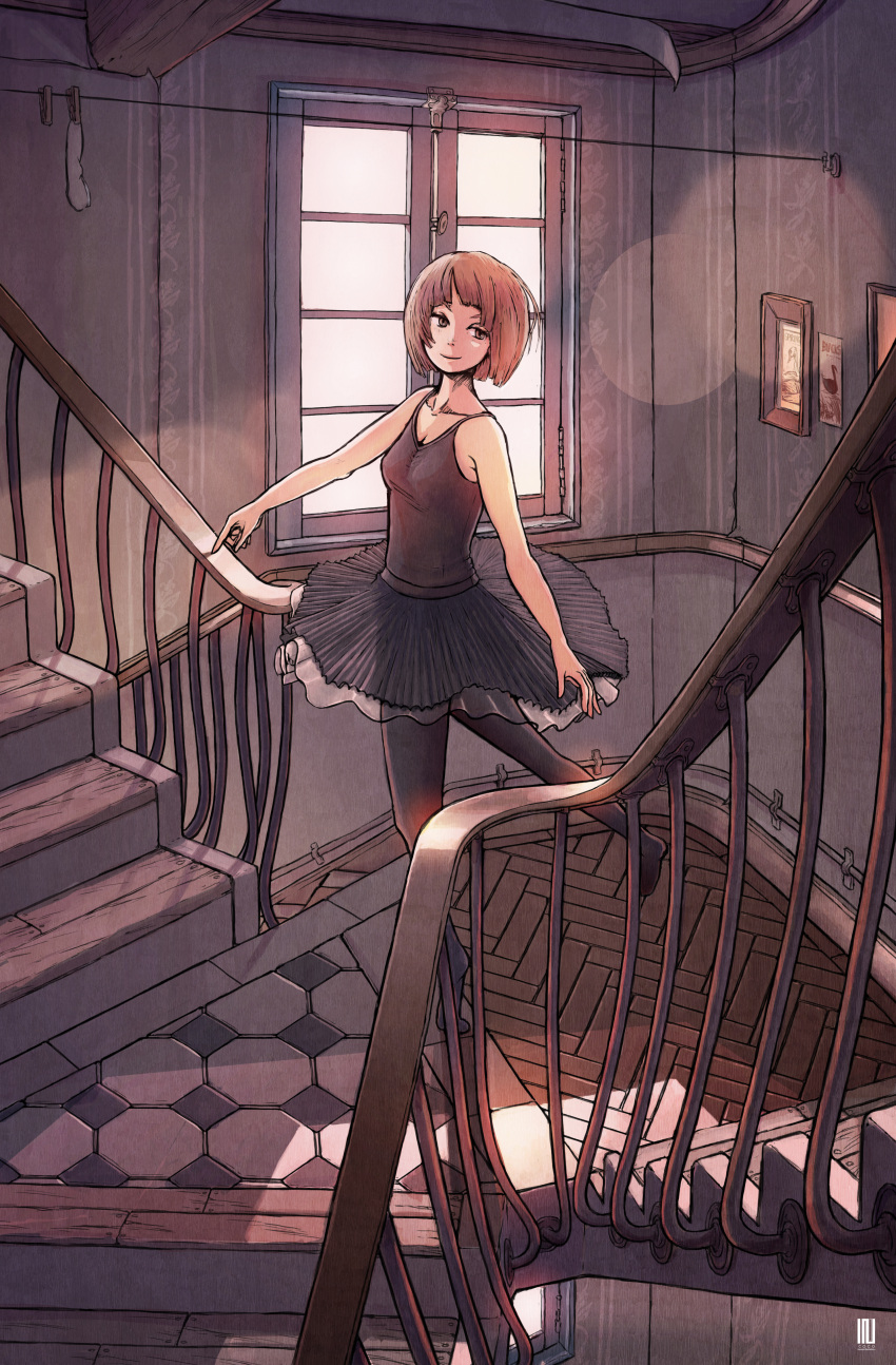 1girl absurdres bangs black_dress brown_hair dress framed_image highres indoors inukoko original railing shadow short_hair solo stairs standing tile_floor tiles wide_shot window