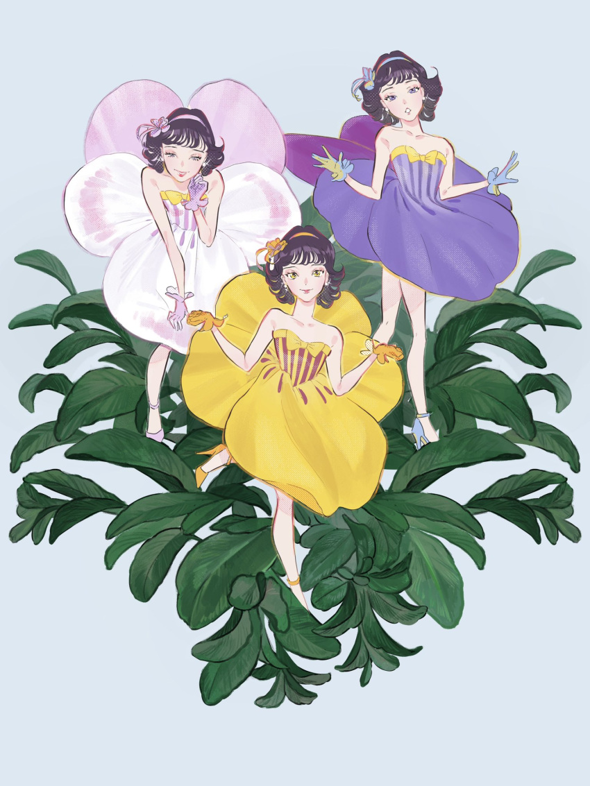 3girls bangs bare_shoulders black_hair blue_footwear blue_gloves floral_dress flower gloves hairband hands_up high_heels highres leaf looking_at_viewer mu_mashu multiple_girls orange_footwear orange_gloves original pansy parted_lips personification pink_eyes pink_flower pink_footwear pink_gloves plant purple_flower shoes short_hair smile violet_eyes white_flower yellow_eyes yellow_flower