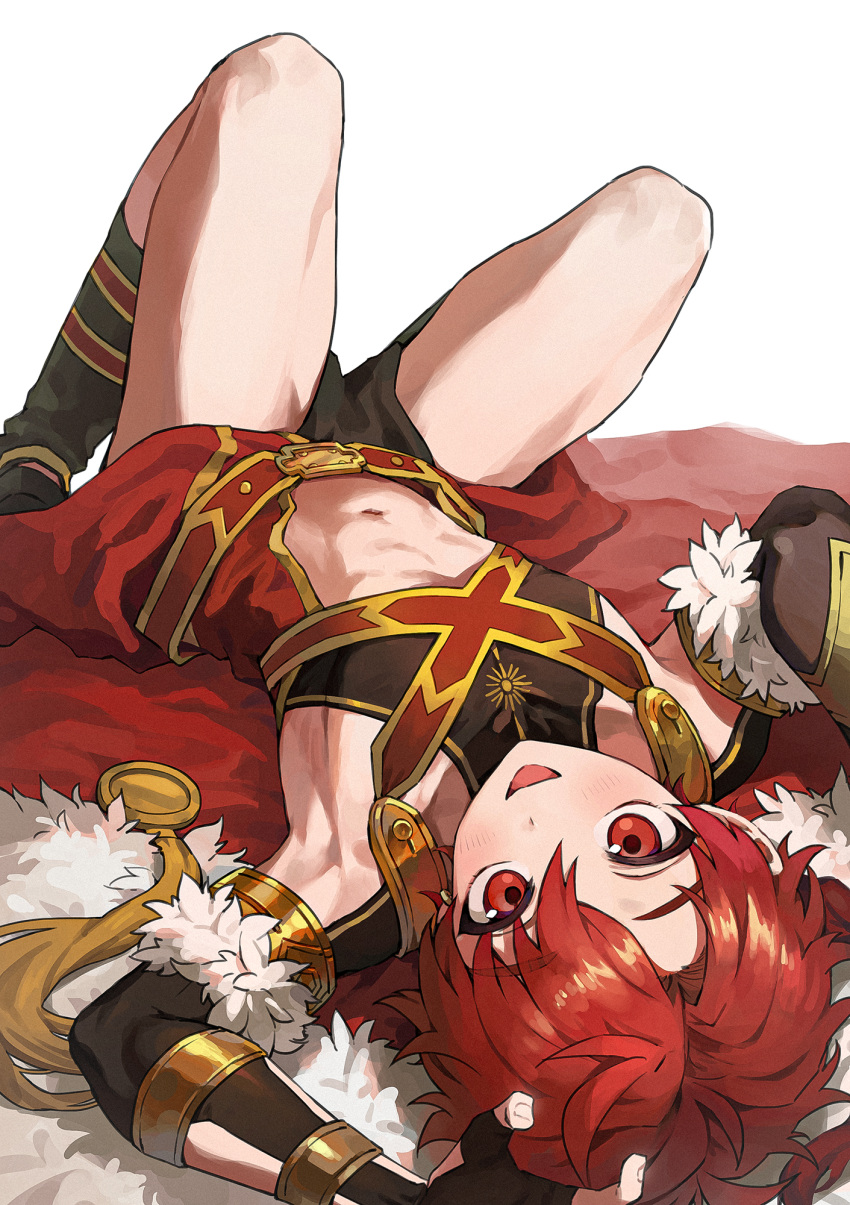 1boy alexander_(fate) braid cape eyebrows_visible_through_hair fate/grand_order fate_(series) fingerless_gloves gloves hair_between_eyes highres long_hair looking_at_viewer male_focus monza_(saeumon) navel open_mouth red_eyes redhead simple_background single_braid smile solo upside-down white_background