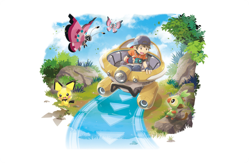 1boy :d backwards_hat bangs baseball_cap black_gloves brown_eyes brown_hair camera clouds creature day fingerless_gloves gen_2_pokemon gen_6_pokemon gen_8_pokemon gloves grass grookey hat highres holding holding_camera looking_to_the_side male_focus male_protagonist_(new_pokemon_snap) new_pokemon_snap official_art open_mouth outdoors pants pichu pokemon pokemon_(creature) short_hair sitting sky smile starter_pokemon tongue vivillon