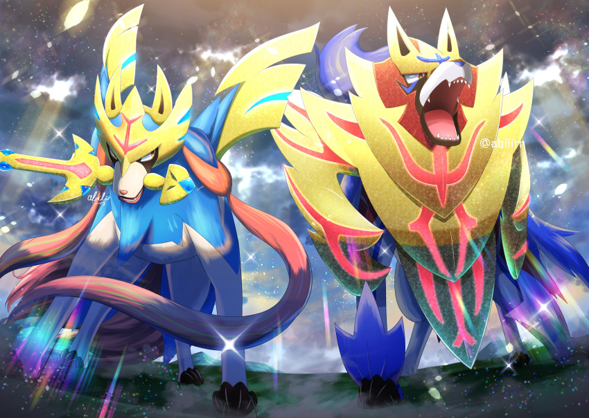 absurdres artist_name claws commentary_request from_below gen_8_pokemon highres legendary_pokemon looking_to_the_side mouth_hold open_mouth outdoors pokemer pokemon sharp_teeth sparkle standing sword teeth tongue watermark weapon yellow_eyes zacian zacian_(crowned) zamazenta zamazenta_(crowned)