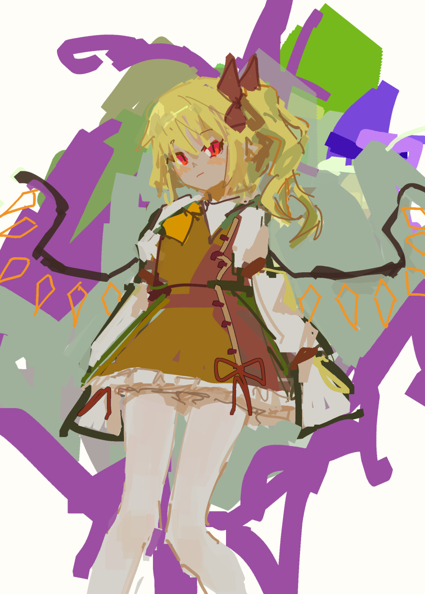 1girl abstract_background absurdres ascot blonde_hair bow crystal faux_traditional_media flandre_scarlet frilled_cuffs frilled_shirt frilled_shirt_collar frilled_skirt frilled_sleeves frills highres light_blush medium_hair no_lineart one_side_up puffy_short_sleeves puffy_sleeves red_bow red_eyes red_ribbon red_skirt red_vest reddizen ribbon shirt short_sleeves skirt skirt_set touhou vest white_shirt wings wrist_cuffs yellow_neckwear