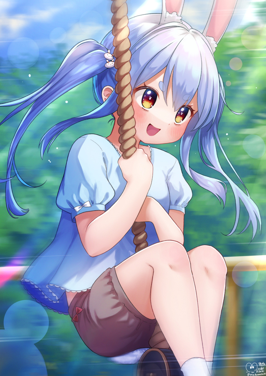 1girl :d animal_ear_fluff animal_ears bangs blue_hair blue_shirt blurry blurry_background blush brown_shorts bunny-shaped_pupils bunny_hair_ornament bunny_tail day eyebrows_visible_through_hair feet_out_of_frame hair_ornament highres holding holding_rope hololive long_hair magowasabi motion_blur open_mouth rabbit_ears red_eyes rope shirt short_eyebrows short_sleeves shorts sidelocks signature sitting smile socks solo swing tail thick_eyebrows twintails twitter_username usada_pekora virtual_youtuber white_legwear younger