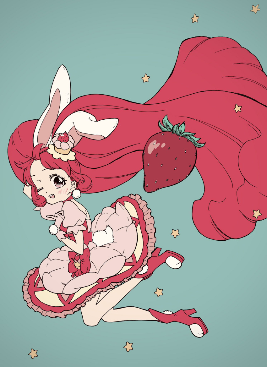 1girl ;d aji_fry animal_ears aqua_background bunny_tail cake_hair_ornament choker cure_whip dress earrings extra_ears floating_hair food food_themed_hair_ornament food_themed_ornament from_side fruit full_body hair_ornament highres jewelry jumping kirakira_precure_a_la_mode legs_up long_hair looking_at_viewer looking_to_the_side magical_girl one_eye_closed open_mouth paw_boots pink_choker pink_dress pink_footwear pom_pom_(clothes) pom_pom_earrings precure rabbit_ears round_teeth simple_background smile solo star_(symbol) starry_background strawberry strawberry_shortcake tail teeth twintails upper_teeth usami_ichika very_long_hair whipped_cream