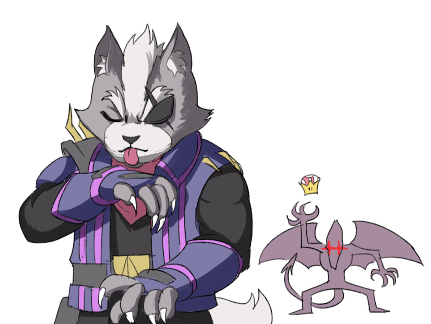 2boys alien animal closed_eyes eyepatch facial_hair furry highres jacket licking male_focus super_mario_bros. metroid monster multiple_boys new_super_mario_bros._u_deluxe ridley simple_background star_fox super_smash_bros. tail tina_fate tongue tongue_out wings wolf wolf_o'donnell