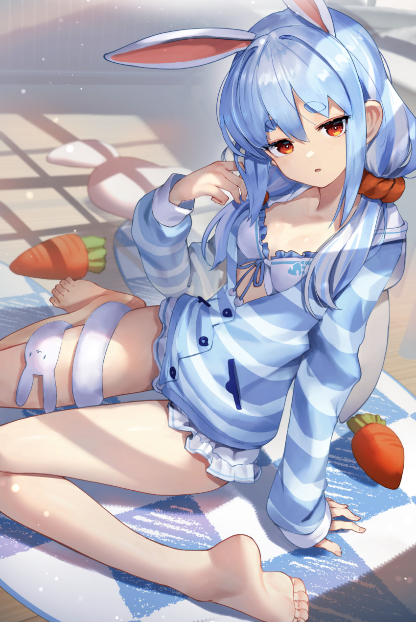1girl animal_ears arm_support bangs bare_legs barefoot blue_hair bra breasts carrot commentary_request don-chan_(usada_pekora) eyebrows_visible_through_hair feet frilled_bra frills highres hololive long_hair long_sleeves looking_at_viewer multicolored_hair orange_eyes rabbit_ears short_eyebrows sitting solo sukocchi thick_eyebrows twintails two-tone_hair underwear usada_pekora virtual_youtuber wariza white_bra white_hair