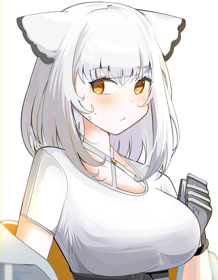 1girl absurdres animal_ears arknights black_gloves blush bright_pupils closed_mouth gloves grey_gloves hand_up hashtag-only_commentary highres looking_at_viewer medium_hair off_shoulder ptilopsis_(arknights) shirt short_sleeves simple_background solo spam_(spamham4506) sweat upper_body white_background white_hair white_pupils white_shirt yellow_eyes