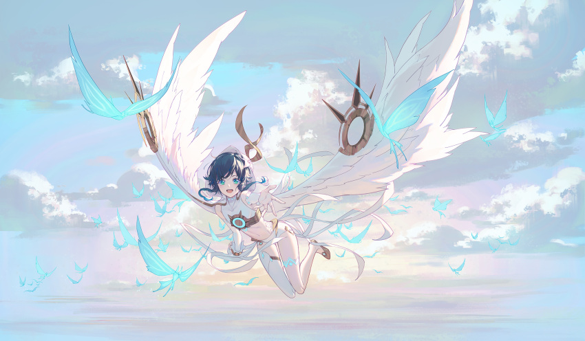 1boy alternate_costume androgynous ayanon_(jkju5223) bangs bare_shoulders barefoot black_hair blue_hair braid bridal_gauntlets bug butterfly capelet chest_tattoo clouds cloudy_sky crop_top day elbow_gloves eyebrows_visible_through_hair feathered_wings flower flying full_body genshin_impact gloves gradient_hair green_eyes hair_flower hair_ornament highres hood hood_down hooded_capelet insect leg_tattoo looking_at_viewer male_focus midriff multicolored_hair navel outdoors reaching_out short_hair_with_long_locks shorts single_thighhigh sky sleeveless smile solo tattoo thigh-highs twin_braids venti_(genshin_impact) white_flower white_legwear white_shorts wings