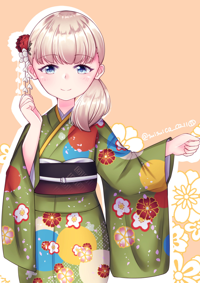 1girl absurdres bangs blonde_hair blue_eyes blunt_bangs cowboy_shot floral_background floral_print flower green_kimono hair_flower hair_ornament hair_over_shoulder highres japanese_clothes kantai_collection kimono long_hair looking_at_viewer official_alternate_costume orange_background shin'you_(kancolle) smile solo suzuki_suika twitter_username