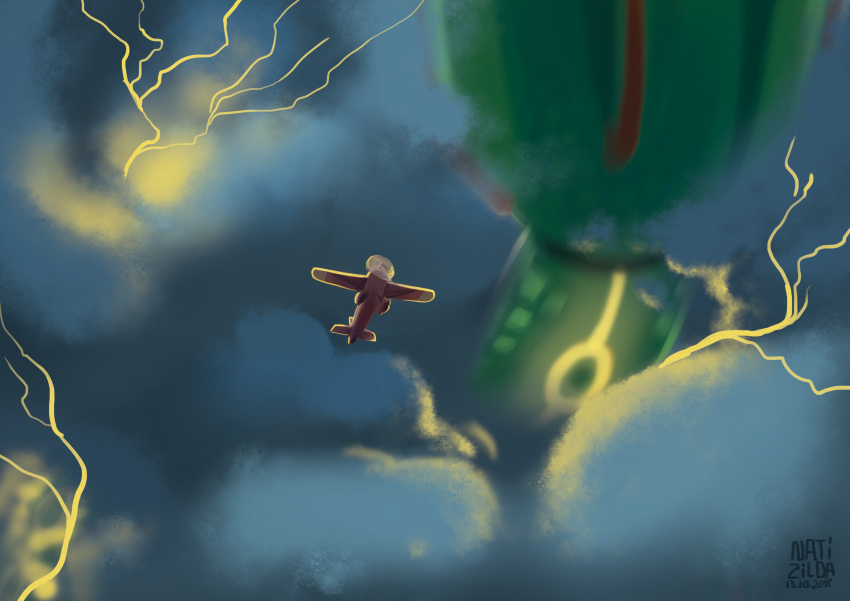 aircraft airplane artist_name clouds cloudy_sky commentary dated english_commentary flying gen_3_pokemon giant giant_monster glowing highres legendary_pokemon lightning natizilda pokemon pokemon_(creature) rayquaza sky