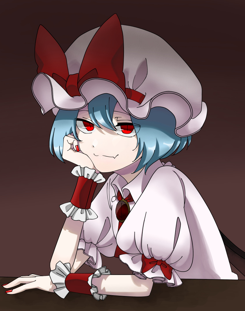 1girl absurdres blue_hair bow fang hair_between_eyes hat hat_bow head_rest highres mob_cap mobuyama_sol puffy_short_sleeves puffy_sleeves red_eyes red_nails remilia_scarlet short_hair short_sleeves skin_fang smile solo touhou upper_body wrist_cuffs