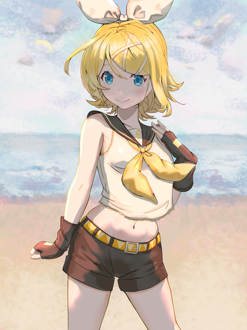 1girl absurdres aimoda bangs bare_arms bare_shoulders beach black_gloves black_sailor_collar black_shorts blonde_hair blue_eyes chinese_commentary commentary_request cowboy_shot crop_top fingerless_gloves gloves hair_ribbon hand_up highres kagamine_rin looking_at_viewer midriff navel neckerchief outdoors ribbon sailor_collar sailor_shirt shirt short_hair short_shorts shorts sleeveless sleeveless_shirt smile solo standing thighs vocaloid white_ribbon yellow_neckwear