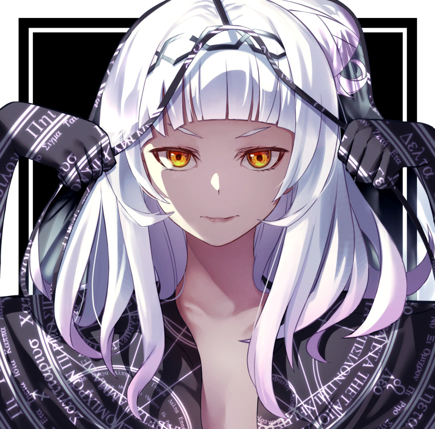 1girl alternate_costume bangs black_gloves blunt_bangs chya_(p_chihaya) elbow_gloves gloves hairband highres hololive long_hair looking_at_viewer magic_circle murasaki_shion portrait side_bun silver_hair solo veil veil_lift virtual_youtuber yellow_eyes