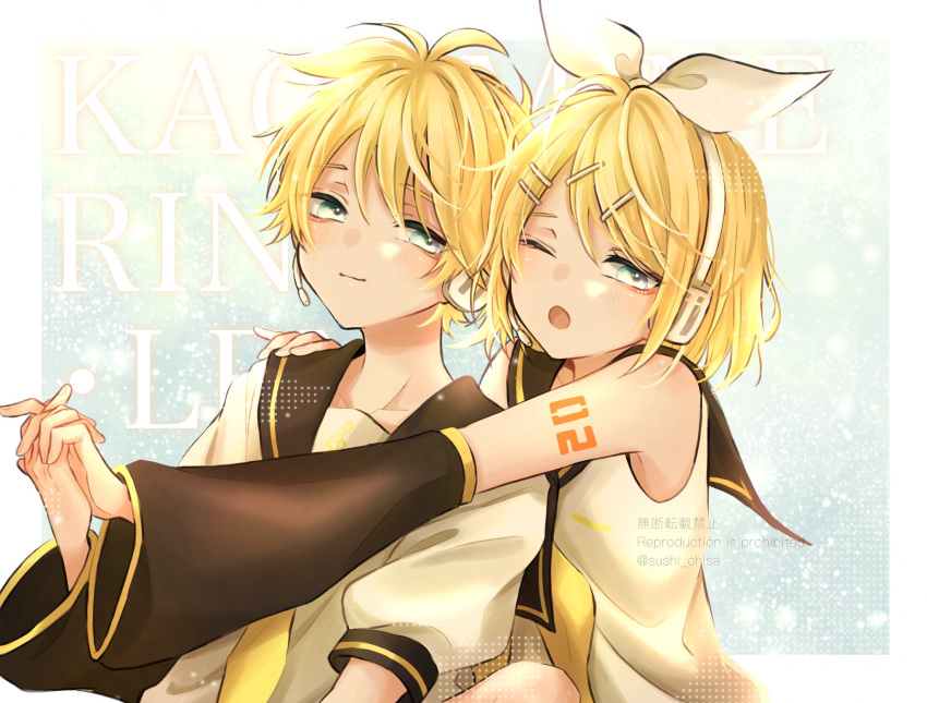 1boy 1girl bass_clef blonde_hair blue_eyes bow brother_and_sister detached_sleeves hair_bow headset highres kagamine_len kagamine_rin leg_warmers necktie repost_notice sailor_collar shorts siblings sushi_chisa treble_clef twins vocaloid