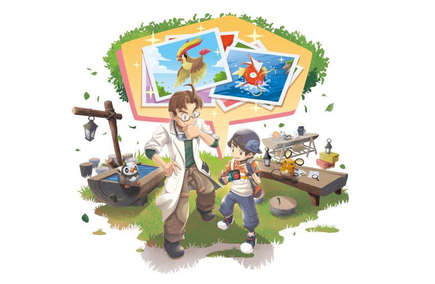 2boys ahoge backpack backwards_hat bag bangs baseball_cap boots brown_hair brown_pants closed_mouth dedenne fingerless_gloves gen_1_pokemon gen_4_pokemon gen_6_pokemon glasses gloves grass green_shirt grey_pants hat highres holding labcoat leaf magikarp male_focus male_protagonist_(new_pokemon_snap) mirror_(pokemon) multiple_boys new_pokemon_snap official_art pants parted_bangs photo_(object) pidgeot pokemon pokemon_(creature) shirt smile standing starly water