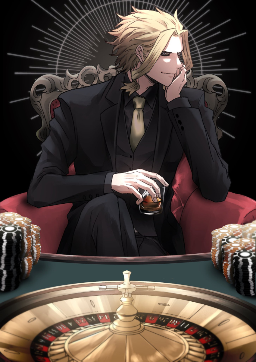 1boy alcohol bangs black_jacket black_pants black_sclera black_shirt black_vest blonde_hair blue_eyes boku_no_hero_academia brown_neckwear colored_sclera cup formal highres holding holding_cup jacket looking_at_viewer male_focus necktie pants poker_chip roulette shirt short_hair smile solo suno_(sunoichi) vest yagi_toshinori