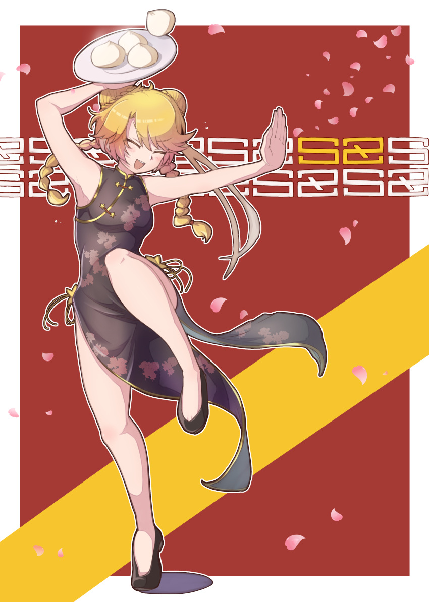 1girl absurdres alternate_costume alternate_hairstyle arm_up armpits bangs baozi black_dress black_footwear blonde_hair blush braid character_name china_dress chinese_clothes closed_eyes commentary_request cookie_(touhou) double_bun dress eyebrows_visible_through_hair food full_body high_heels highres holding holding_plate kirisame_marisa kitsune_kemono long_hair open_mouth petals plate solo standing standing_on_one_leg suzu_(cookie) touhou twin_braids |d