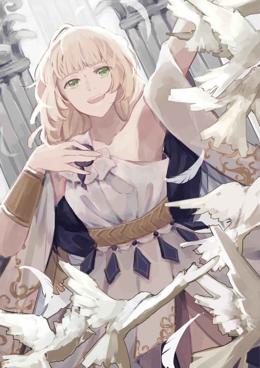 1girl :d arm_up armpits bangs bare_shoulders belly_chain belt bird blonde_hair bracelet commentary cowboy_shot dancer dress english_commentary fire_emblem fire_emblem:_three_houses green_eyes hand_up haru_(haru-n) highres ingrid_brandl_galatea jewelry long_hair looking_at_viewer open_mouth single_strap smile solo white_dress