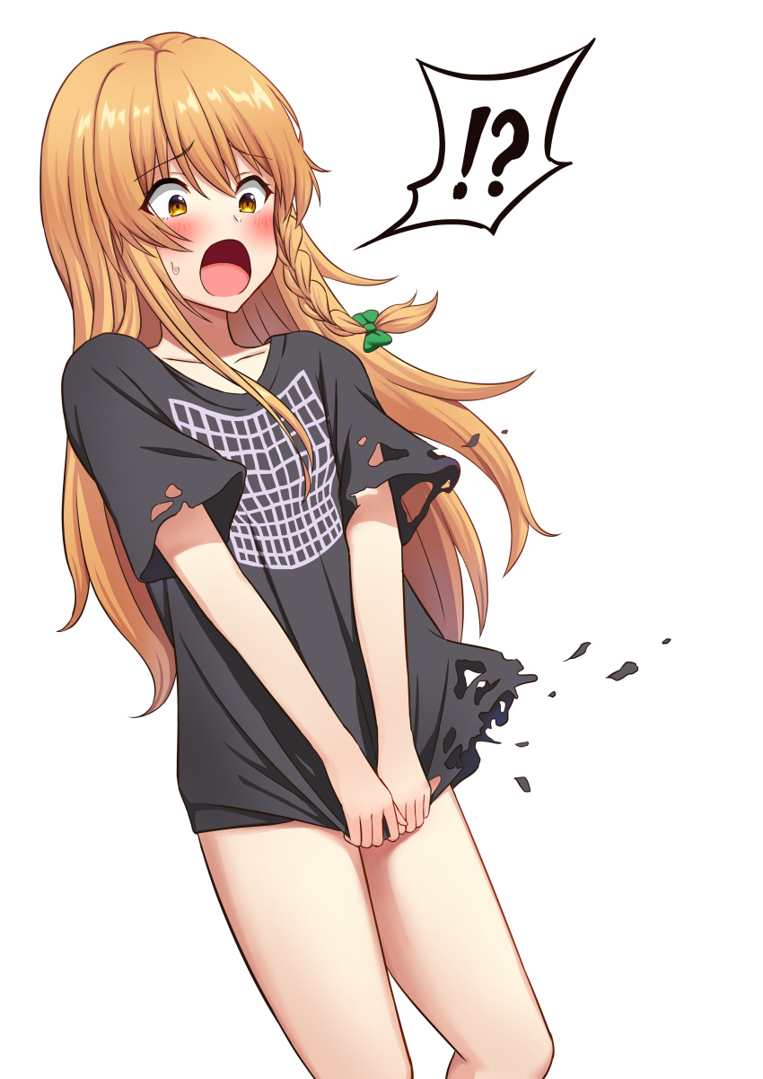 !? 1girl :o absurdres black_shirt blonde_hair blush bow breasts collarbone commentary_request feet_out_of_frame green_bow hair_ribbon highres junyamaekaki kirisame_marisa long_hair looking_down naked_shirt no_hat no_headwear open_mouth optical_illusion ribbon shirt small_breasts solo spoken_interrobang standing sweat tearing_clothes torn_clothes touhou tress_ribbon v_arms very_long_hair yellow_eyes