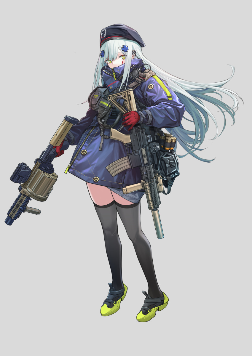 1girl absurdres assault_rifle bag bangs beret black_legwear blue_hair blue_jacket cartridge commentary eyebrows_visible_through_hair girls_frontline gloves green_eyes gun h&amp;k_hk416 hat headphones highres hk416_(girls_frontline) holding holding_weapon jacket long_hair looking_at_viewer red_gloves rifle shoes simple_background solo symbol_commentary thigh-highs uniform weapon yitiao_er-hua
