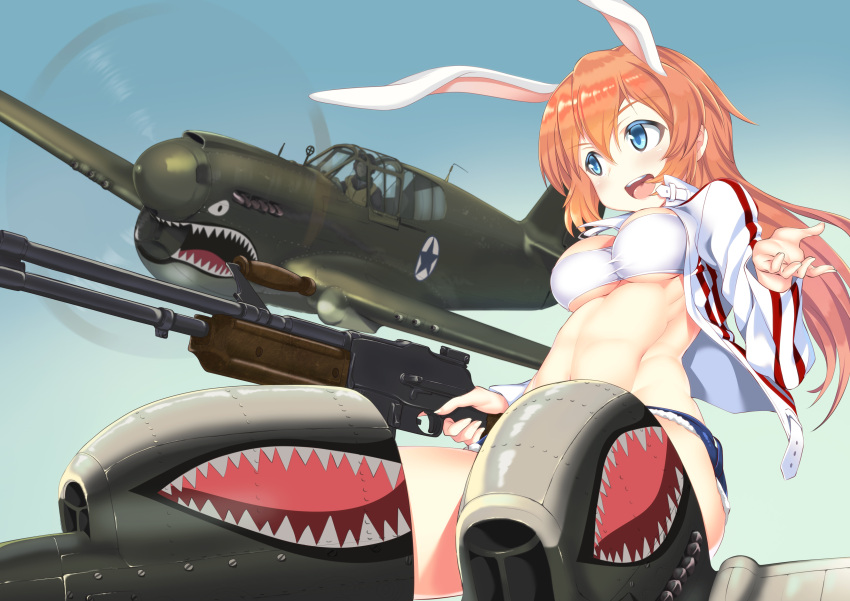 1girl 1other a9b_(louis814) absurdres afterimage aircraft airplane animal_ears bandeau bangs blue_eyes blue_shorts blue_sky charlotte_e._yeager clear_sky commentary cutoffs denim denim_shorts double_vertical_stripe flying gun highres holding holding_gun holding_weapon jacket long_hair long_sleeves looking_at_another machine_gun medium_hair military military_vehicle open_clothes open_jacket open_mouth orange_hair p-51_mustang rabbit_ears roundel shark_print shorts sky smile strike_witches striker_unit submachine_gun thompson_submachine_gun trigger_discipline weapon white_jacket world_witches_series