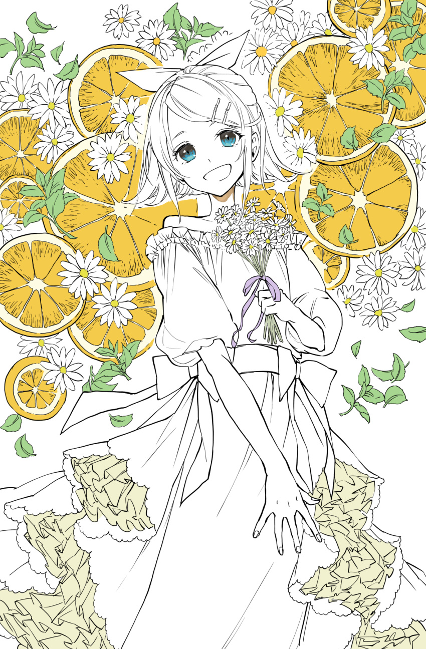 1girl bangs blue_eyes daisy dress flower food frilled_dress frills fruit hair_ornament hair_ribbon hairclip highres holding holding_flower kagamine_rin leaf looking_at_viewer monochrome orange_(food) puffy_sleeves ribbon short_hair sleeveless sleeveless_dress smile spot_color vocaloid whiteskyash