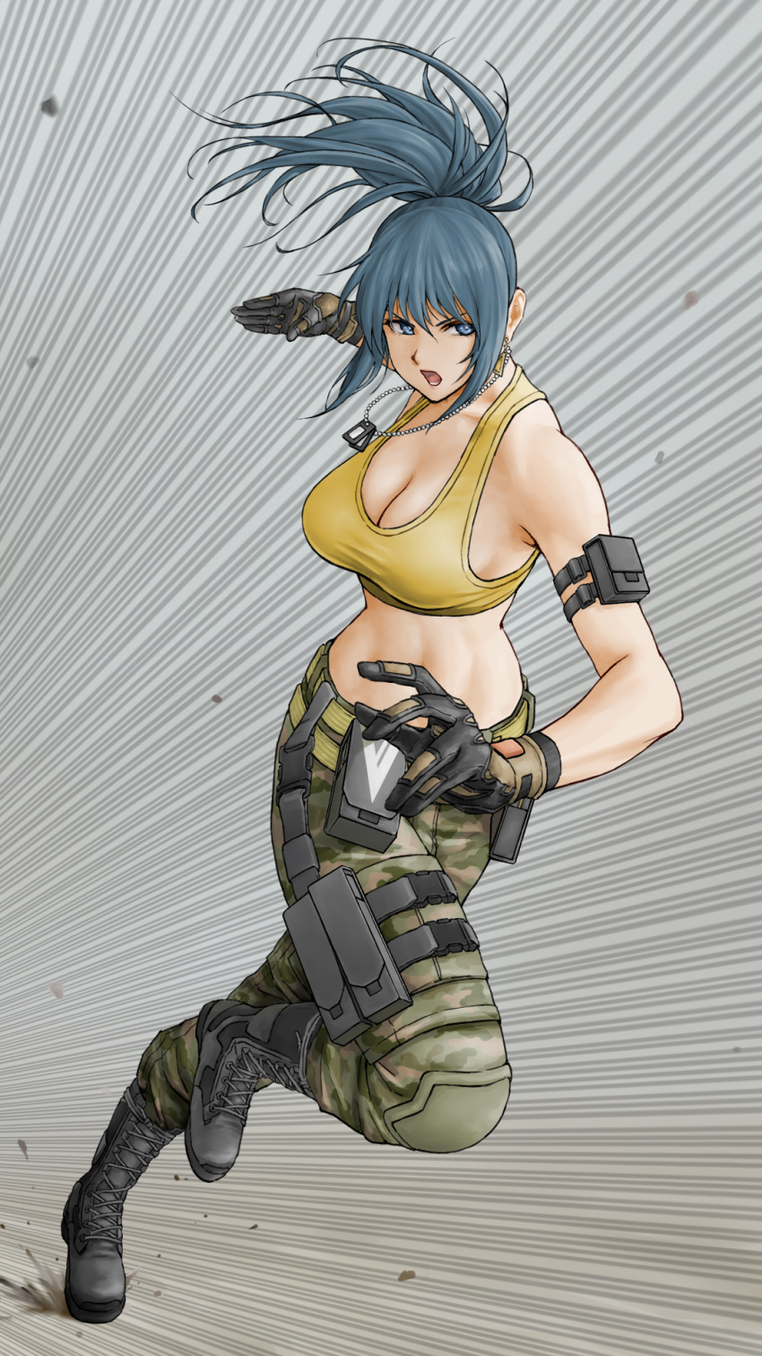 1girl ammunition_pouch armlet bare_shoulders belt biceps blue_eyes blue_hair breasts camouflage camouflage_pants commentary dog_tags earrings english_commentary eyes gloves highres jewelry leona_heidern midriff military military_uniform pants ponytail pouch sleeveless solo standing tank_top the_king_of_fighters the_king_of_fighters_xiv the_king_of_fighters_xv triangle_earrings uniform x_chitch yellow_tank_top