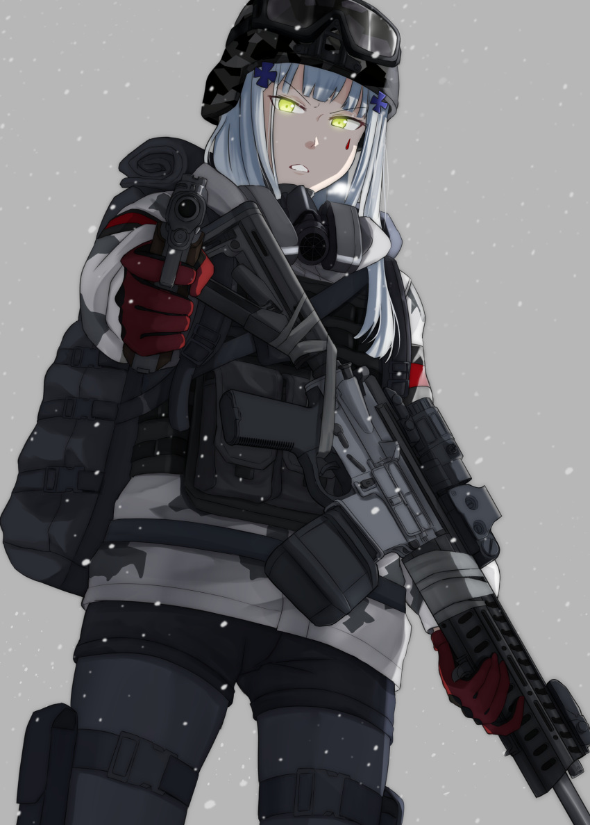 1girl absurdres assault_rifle bag bangs black_legwear black_shorts blue_hair camouflage camouflage_jacket cyka eyebrows_visible_through_hair eyewear_on_head from_below gas_mask girls_frontline gloves green_eyes gun h&amp;k_hk416 highres hk416_(fang)_(girls_frontline) hk416_(girls_frontline) holding holding_gun holding_weapon holster jacket long_hair looking_at_viewer pantyhose red_gloves rifle serious shorts simple_background snowflake_background snowflakes solo standing tom_clancy's_the_division uniform weapon winter_uniform
