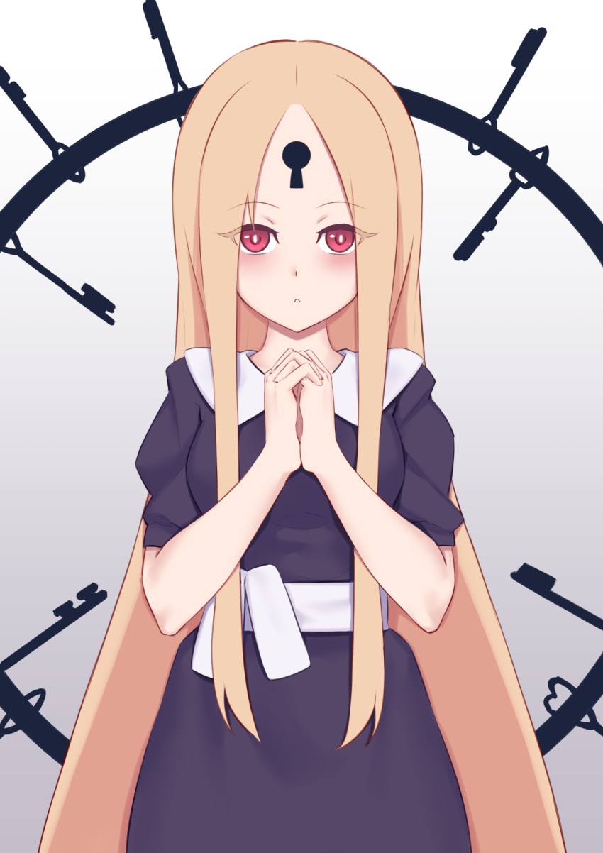1girl abigail_williams_(fate) bangs blonde_hair blush breasts fate/grand_order fate_(series) forehead highres jilu keyhole long_hair looking_at_viewer parted_bangs puffy_short_sleeves puffy_sleeves red_eyes short_sleeves sidelocks small_breasts