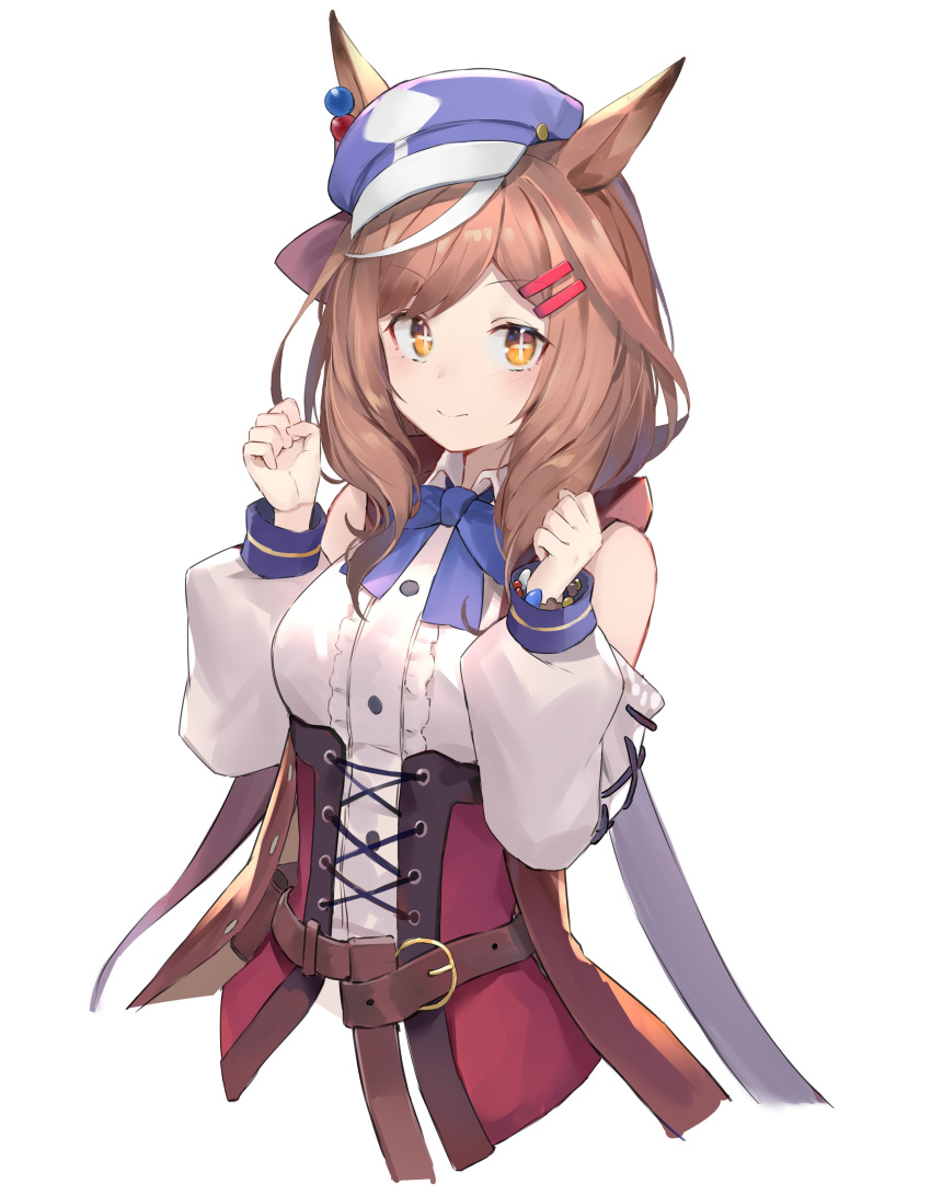 1girl absurdres animal_ears blue_bow blue_neckwear blush bow bowtie brown_eyes brown_hair buttons closed_mouth collared_shirt cropped_torso eyebrows_visible_through_hair hat highres horse_ears horse_girl matikane_tannhauser multicolored_hair ryou_(ponpgo) shirt short_hair simple_background smile solo streaked_hair umamusume upper_body white_background white_hair white_shirt