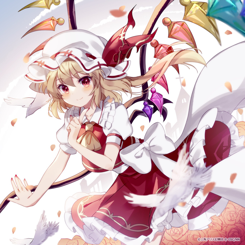 1girl ascot bangs bird blonde_hair blush bow church closed_mouth collar commentary_request cross eyebrows_visible_through_hair flandre_scarlet flower frilled_collar frilled_skirt frills hair_between_eyes hat hat_bow highres looking_at_viewer medium_hair mob_cap nail_polish one_side_up petals puffy_short_sleeves puffy_sleeves red_bow red_eyes red_nails red_skirt red_vest ribbon rose rose_petals shirt short_sleeves skirt skirt_set smile solo sorani_(kaeru0768) touhou vest white_bow white_headwear white_ribbon white_shirt wings yellow_neckwear