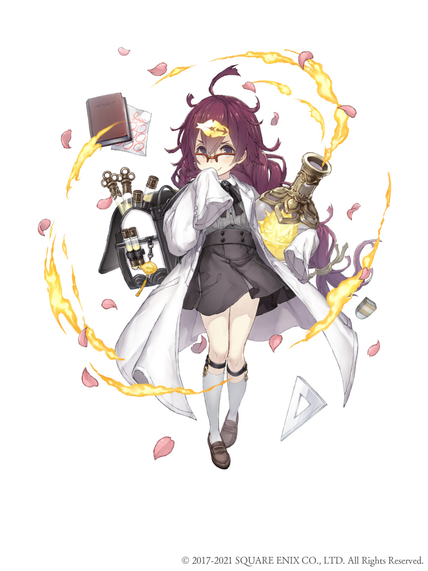 1girl absurdres ahoge asymmetrical_hair bag blue_eyes braid child dorothy_(sinoalice) eraser full_body highres ji_no kindergarten_bag labcoat loafers long_hair looking_at_viewer messy_hair notebook official_art over-rim_eyewear oversized_clothes petals purple_hair semi-rimless_eyewear shoes sinoalice skirt sleeves_past_wrists smile socks solo square_enix twin_braids vial white_background younger